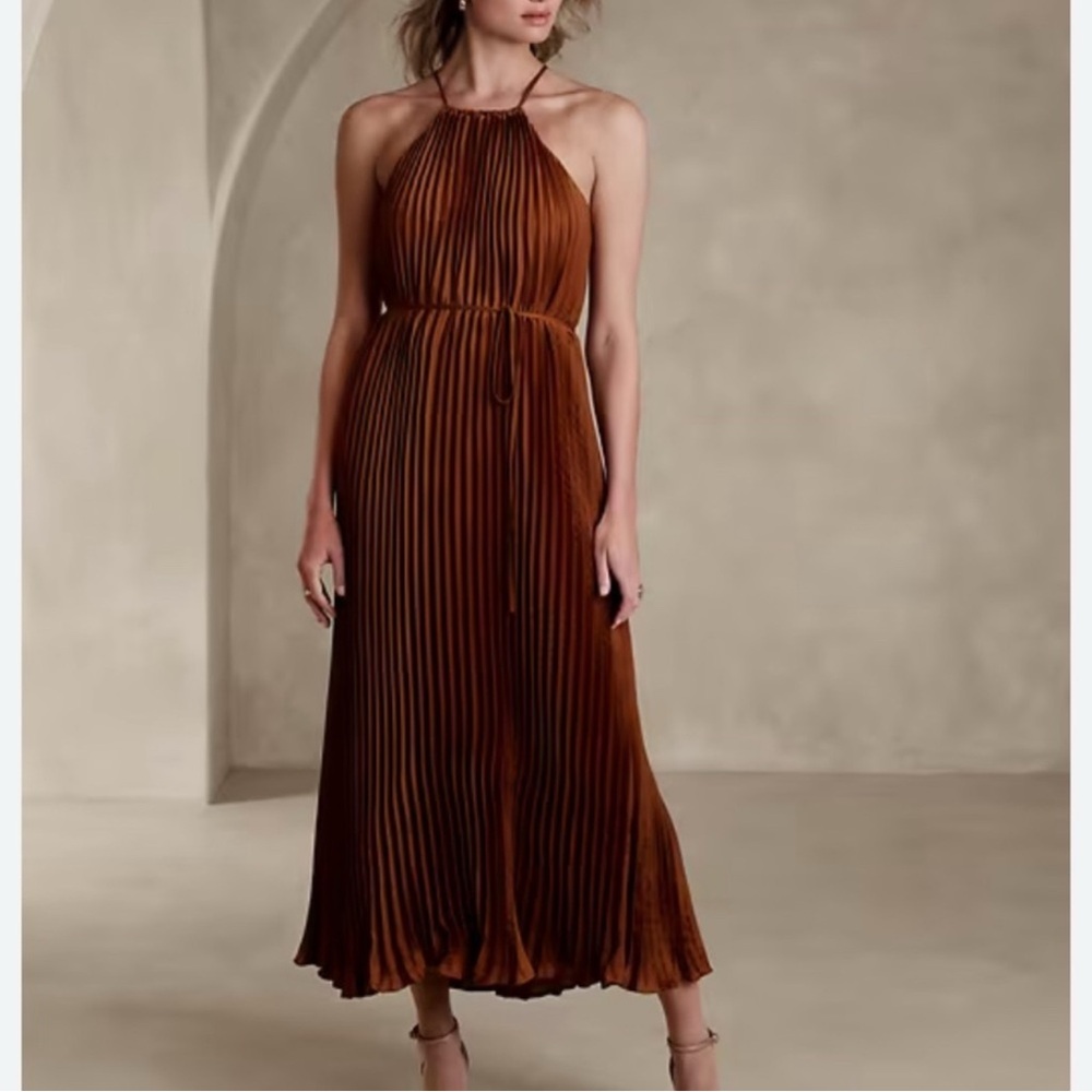 Silky Rust Halter Pleated Maxi Dress L
